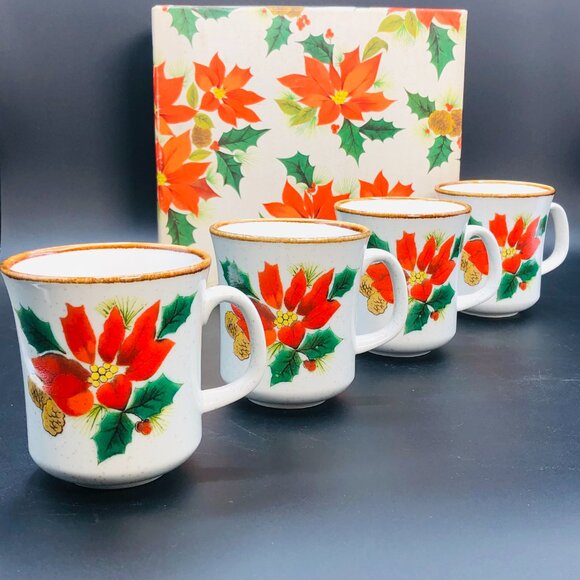 Vintage Mikasa Happy Holidays Ironstone Christmas Mugs - Set of 4 - Original Box - Picture 5 of 10